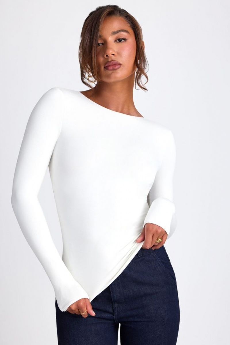 Oh Polly Elli Modal High Neck Long Sleeve Open Back Top Womens Tops White | MJUY-36185