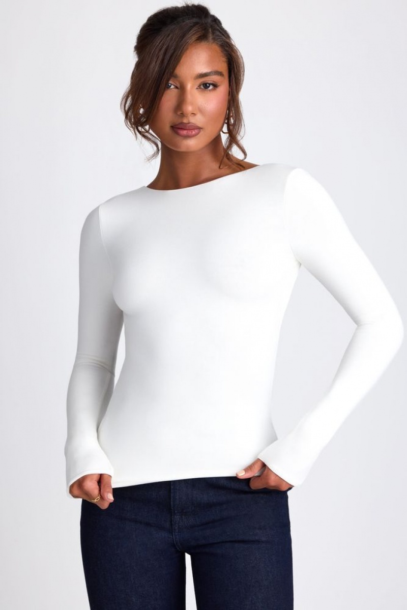 Oh Polly Elli Modal High Neck Long Sleeve Open Back Top Womens Tops White | MJUY-36185