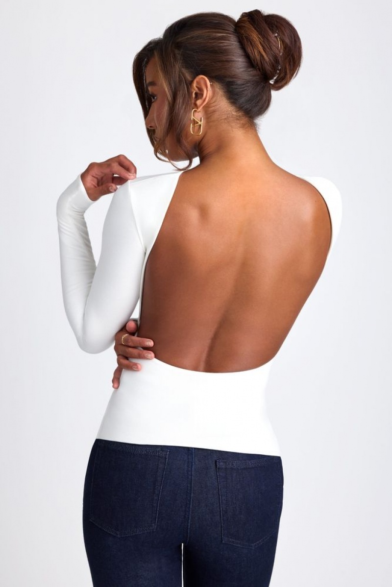 Oh Polly Elli Modal High Neck Long Sleeve Open Back Top Womens Tops White | MJUY-36185