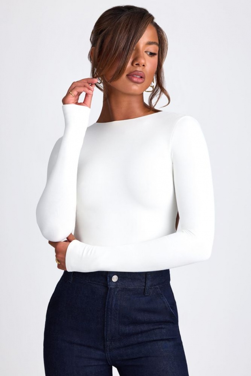 Oh Polly Elli Modal High Neck Long Sleeve Open Back Top Womens Tops White | MJUY-36185