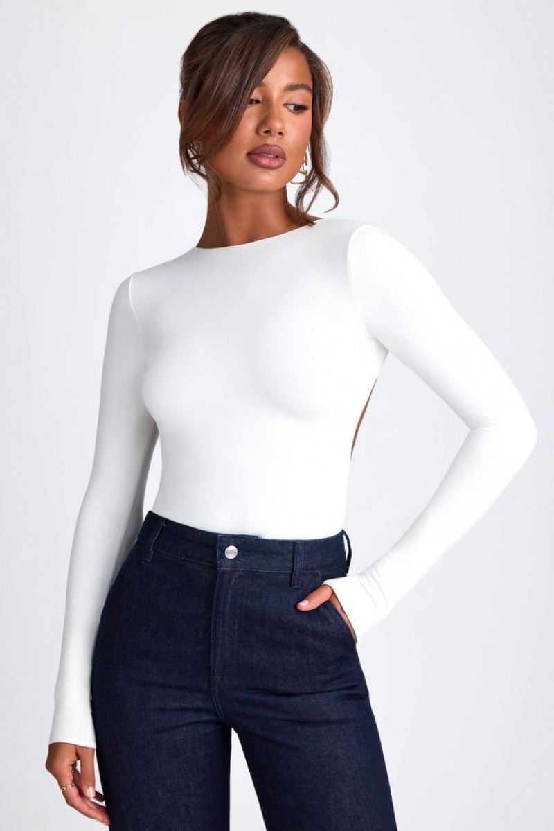 Oh Polly Elli Modal High Neck Long Sleeve Open Back Top Womens Tops White | MJUY-36185