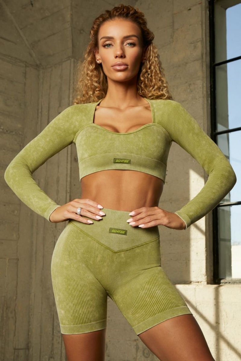 Oh Polly Endeavour Seamless Half Sleeve Curved Neckline Crop Top Bo+Tee Tops Olive | TVZJ-08473