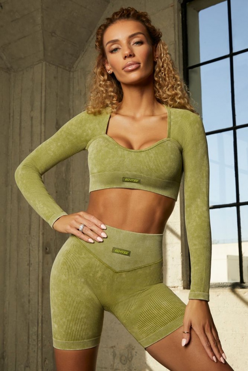 Oh Polly Endeavour Seamless Half Sleeve Curved Neckline Crop Top Bo+Tee Tops Olive | TVZJ-08473