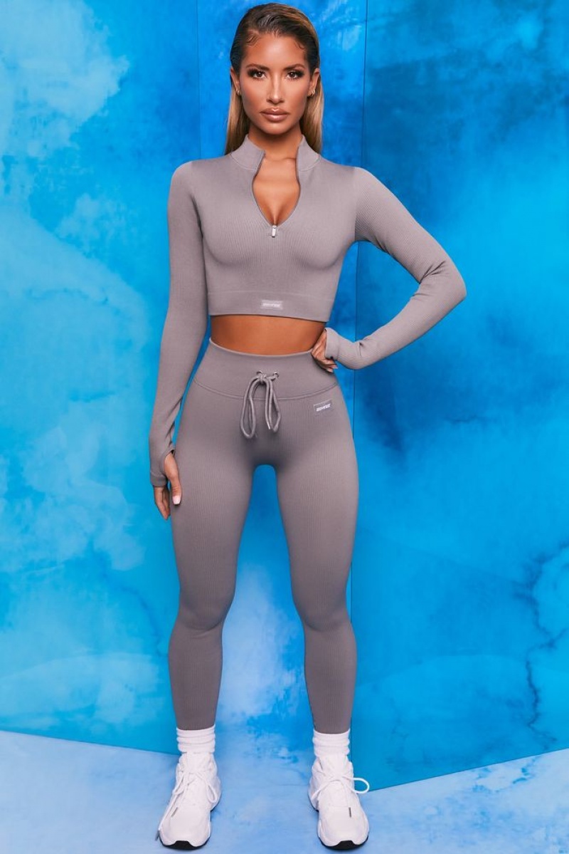 Oh Polly Endure Ribbed Long Sleeve Half Zip Crop Top Bo+Tee Tops Dark Grey | ZIQA-08954