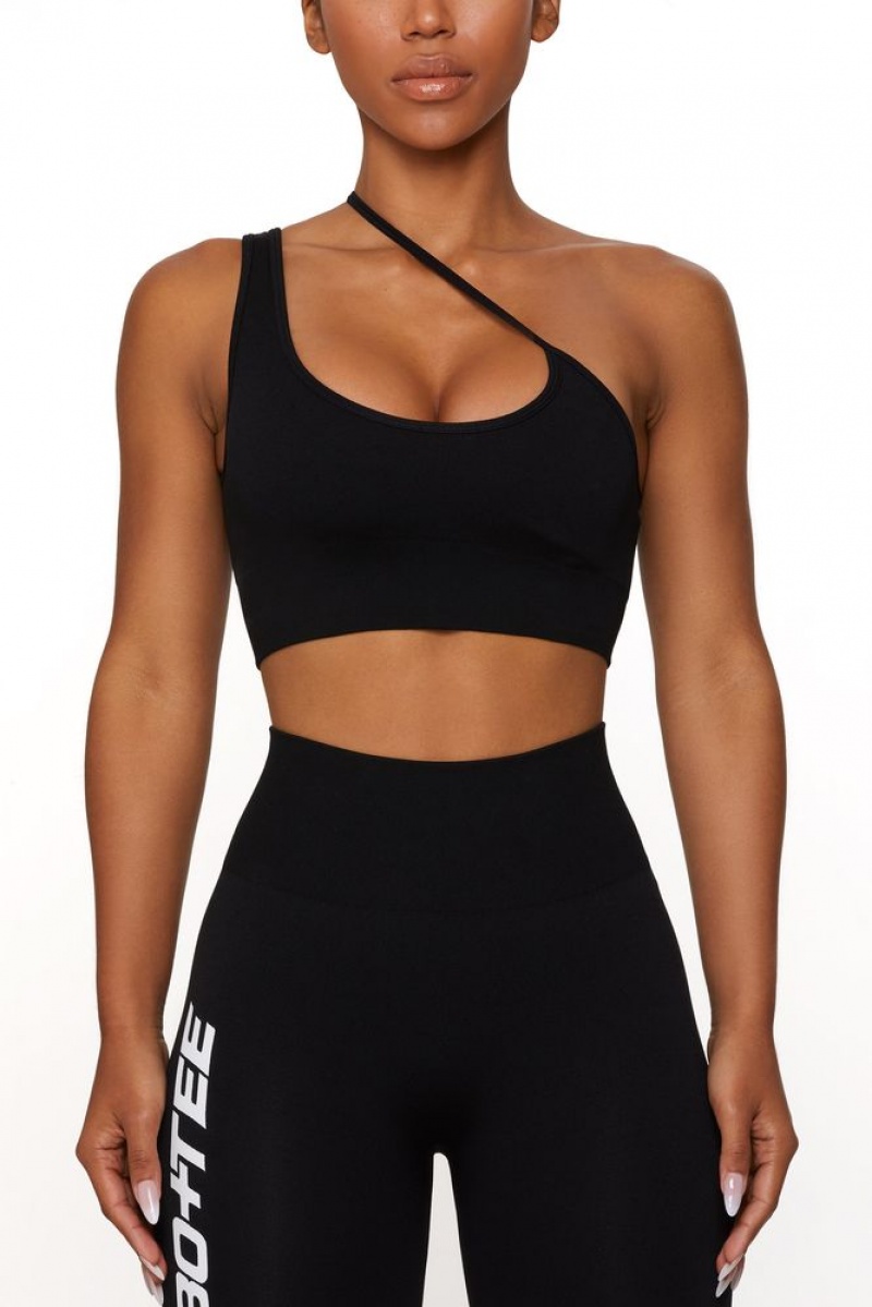 Oh Polly Evolve Asymmetric Seamless Crop Top Bo+Tee Tops Black | MTCG-09516