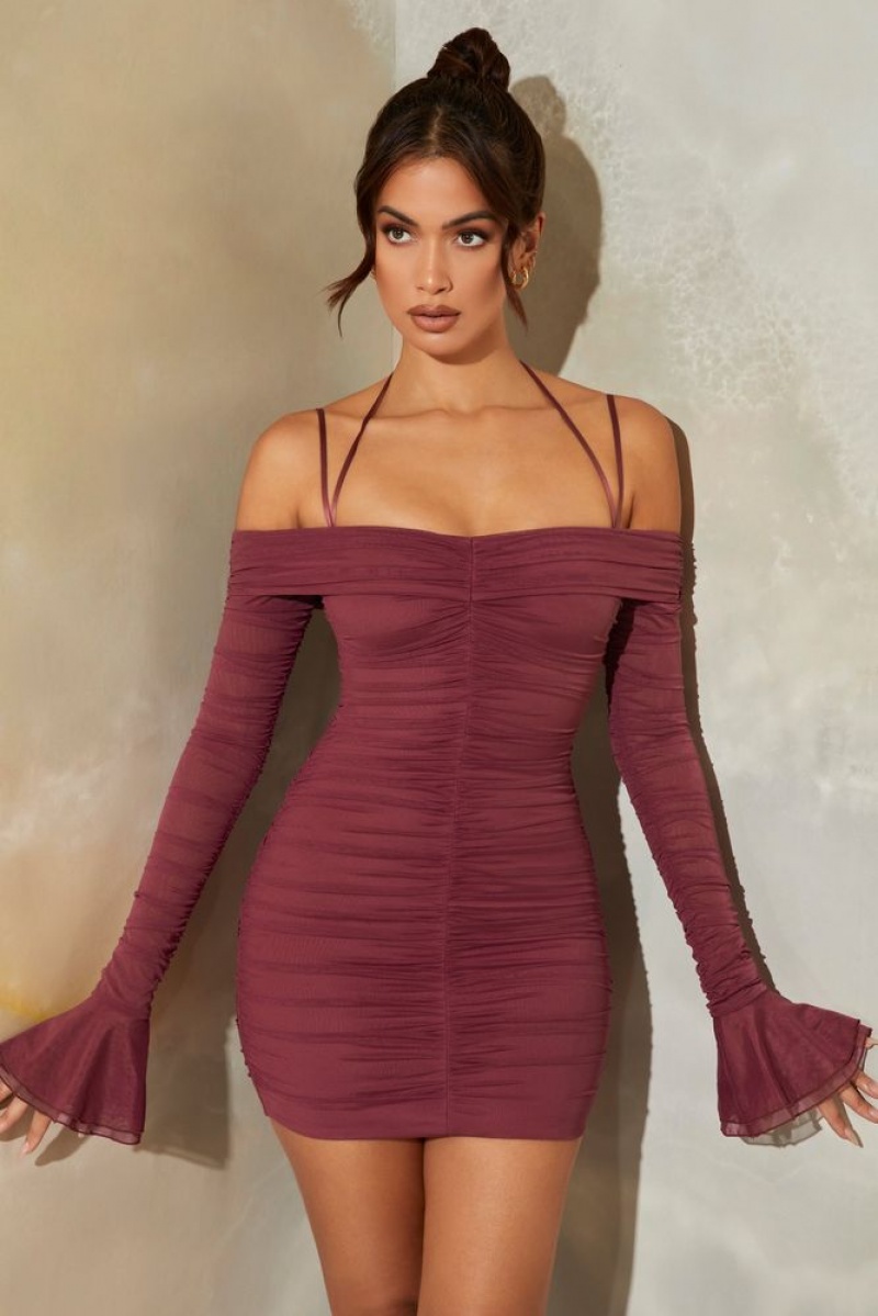 Oh Polly Evren Bardot Long Sleeve Ruched Mini Dress Mini Dress Dark Mauve | LPWV-21350