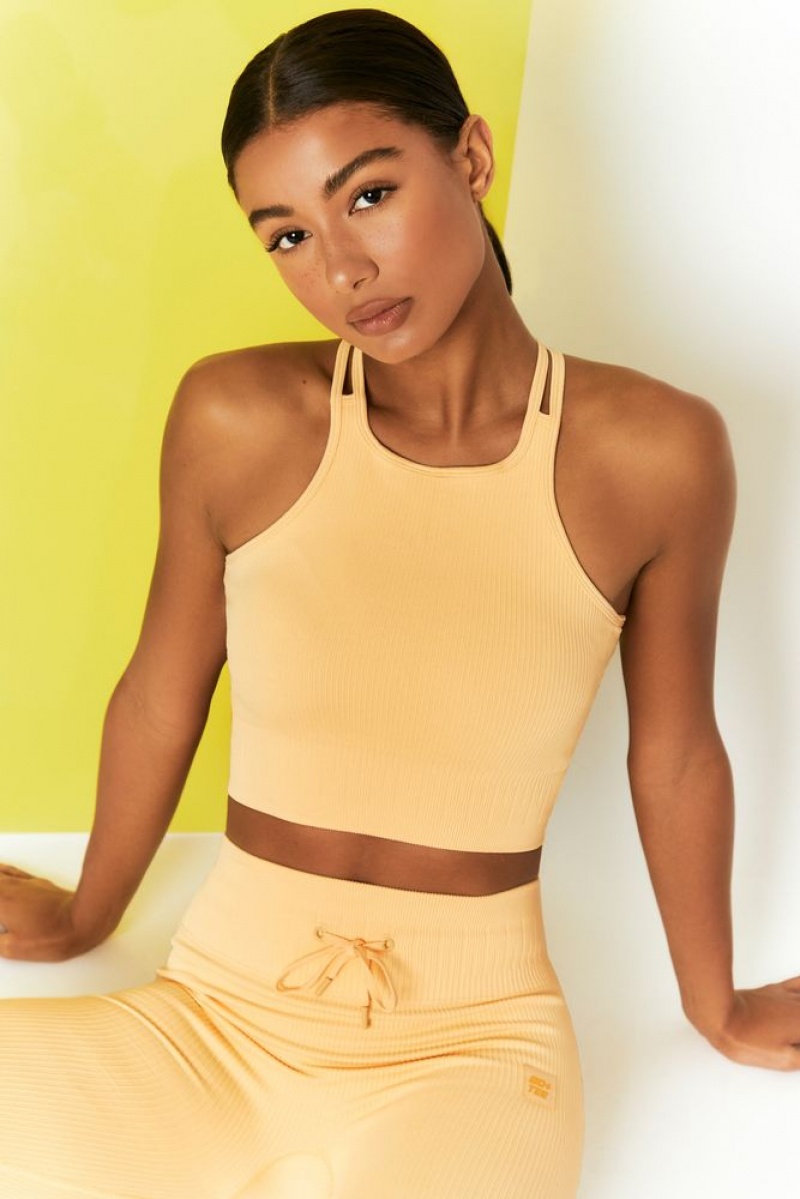 Oh Polly Feel Your Power Ribbed Racer Crop Top Bo+Tee Tops Yellow | VHSC-70618