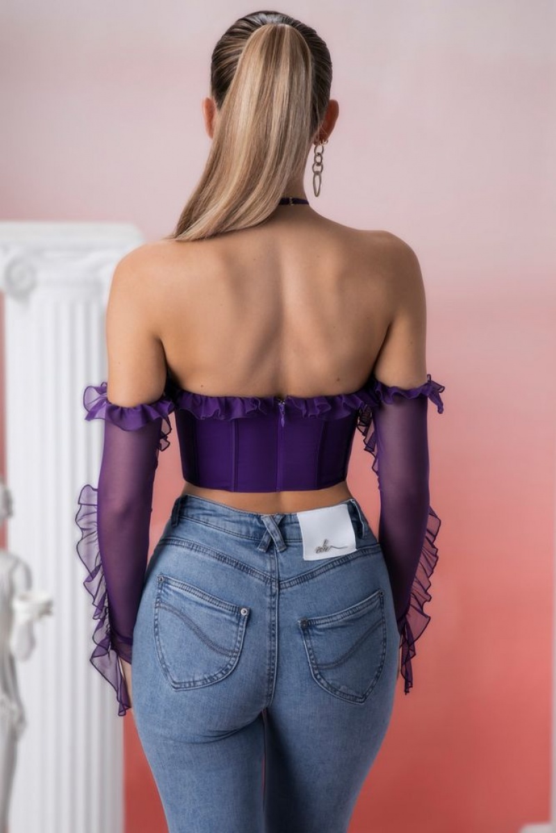 Oh Polly Filia Frill Detail Cowl Neck Crop Top Womens Tops Violet | GZLD-37825