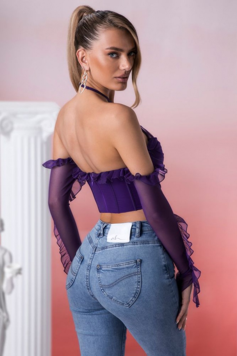 Oh Polly Filia Frill Detail Cowl Neck Crop Top Womens Tops Violet | GZLD-37825