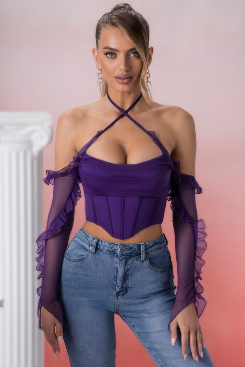 Oh Polly Filia Frill Detail Cowl Neck Crop Top Womens Tops Violet | GZLD-37825