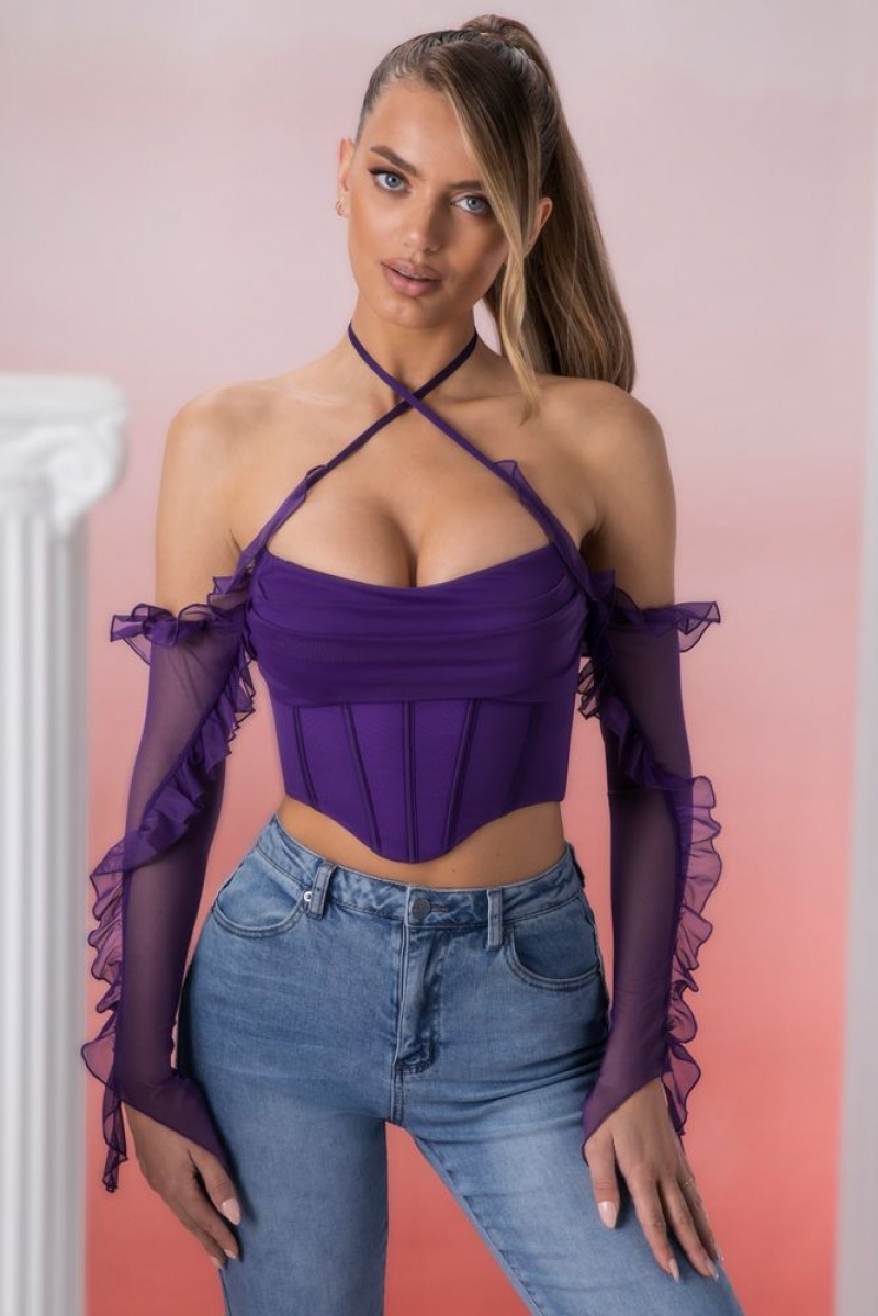 Oh Polly Filia Frill Detail Cowl Neck Crop Top Womens Tops Violet | GZLD-37825