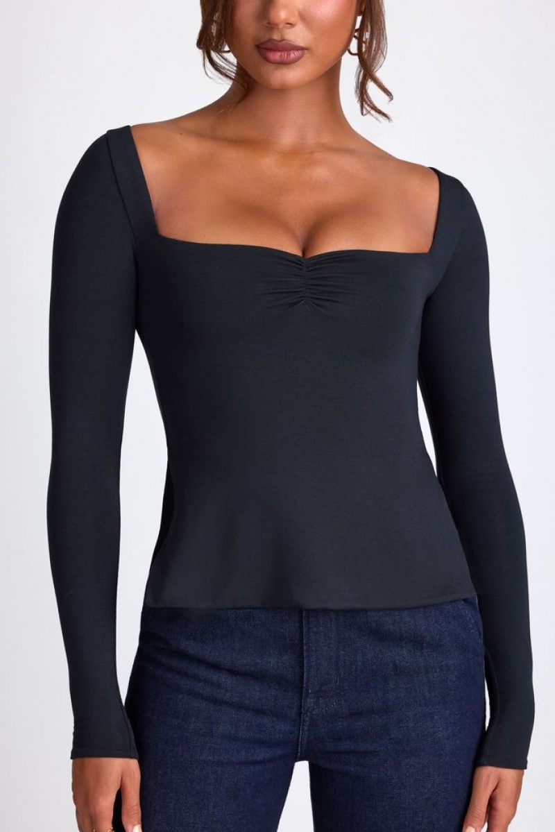 Oh Polly Fiora Modal Sweetheart Neckline Long Sleeve Top Womens Tops Black | GUTP-79318