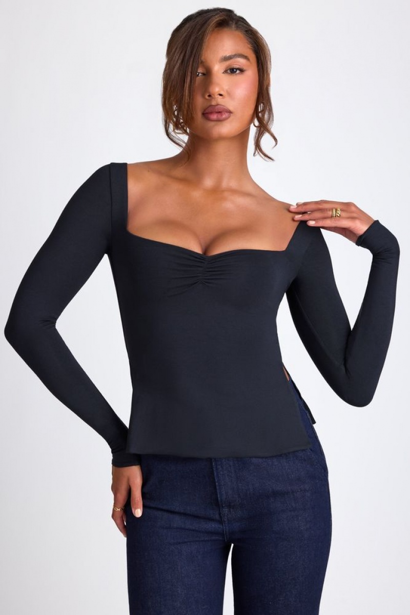 Oh Polly Fiora Modal Sweetheart Neckline Long Sleeve Top Womens Tops Black | GUTP-79318