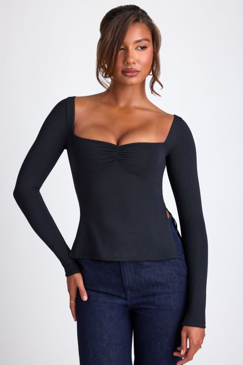 Oh Polly Fiora Modal Sweetheart Neckline Long Sleeve Top Womens Tops Black | GUTP-79318