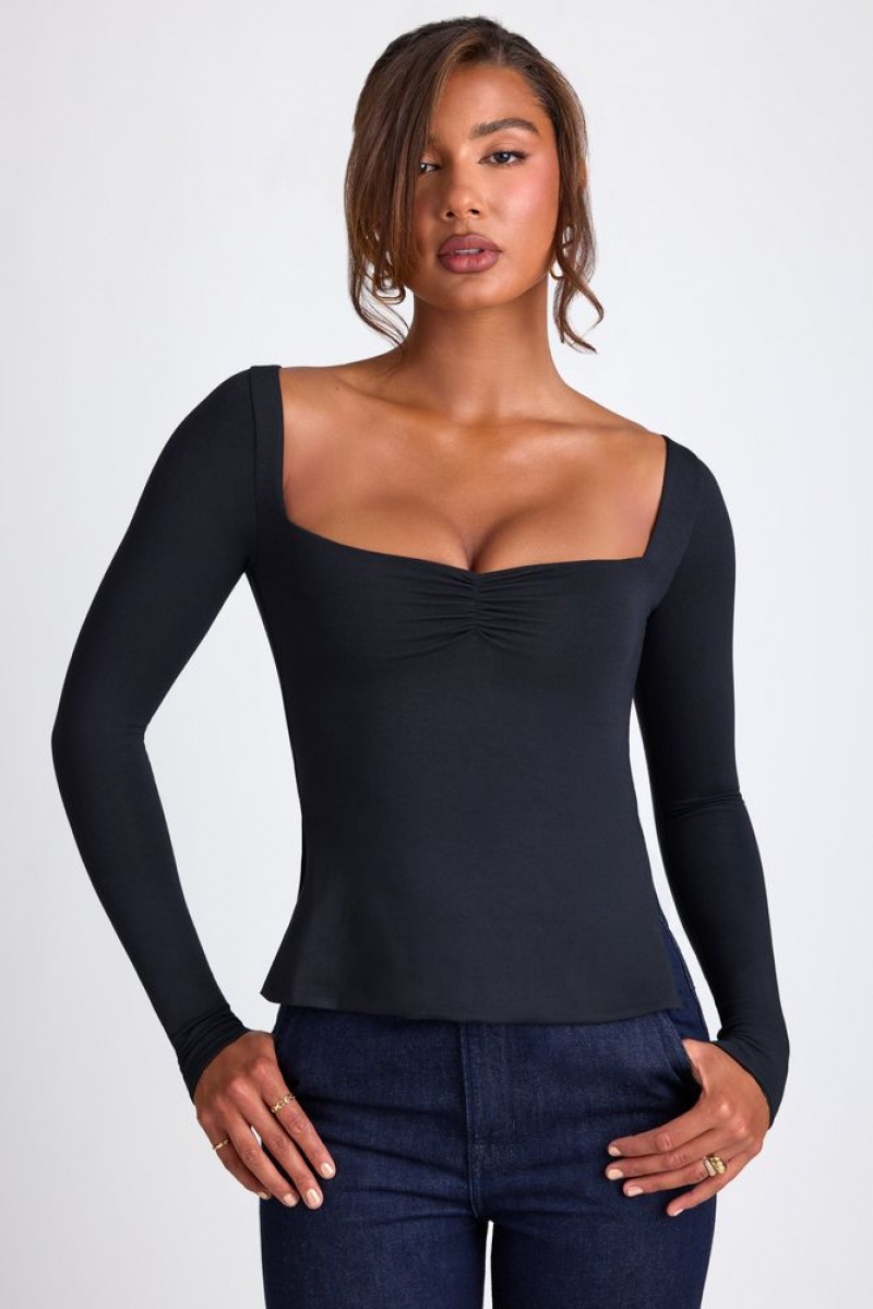 Oh Polly Fiora Modal Sweetheart Neckline Long Sleeve Top Womens Tops Black | GUTP-79318