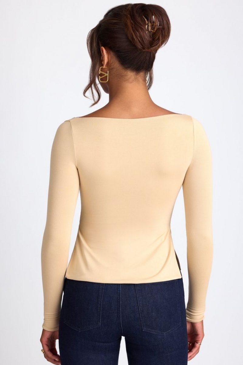 Oh Polly Fiora Modal Sweetheart Neckline Long Sleeve Top Womens Tops Sand | AGVC-20796