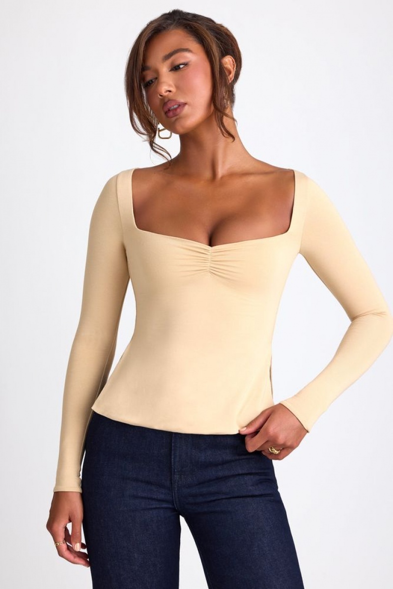 Oh Polly Fiora Modal Sweetheart Neckline Long Sleeve Top Womens Tops Sand | AGVC-20796