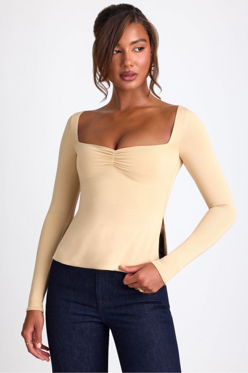 Oh Polly Fiora Modal Sweetheart Neckline Long Sleeve Top Womens Tops Sand | AGVC-20796