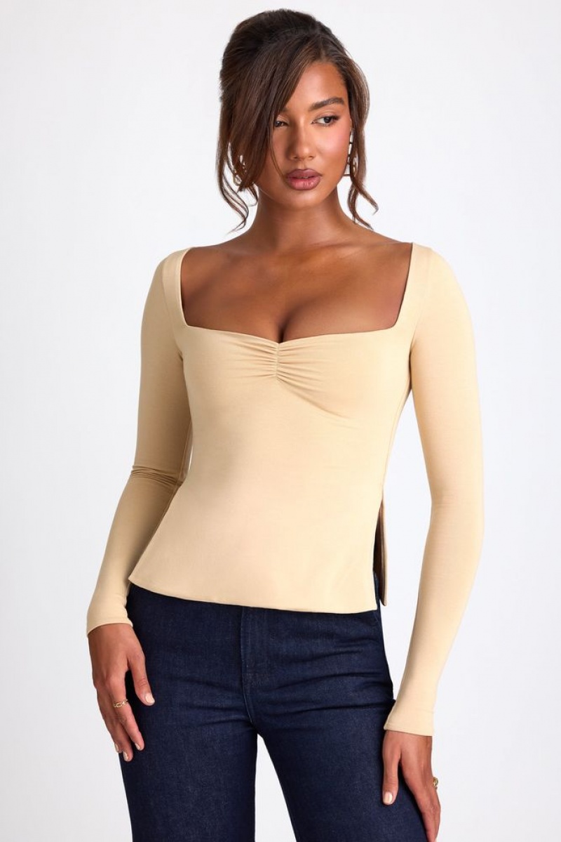 Oh Polly Fiora Modal Sweetheart Neckline Long Sleeve Top Womens Tops Sand | AGVC-20796