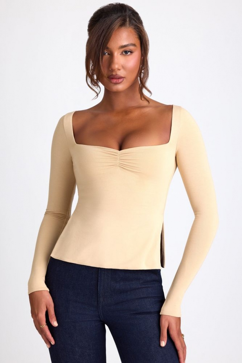 Oh Polly Fiora Modal Sweetheart Neckline Long Sleeve Top Womens Tops Sand | AGVC-20796