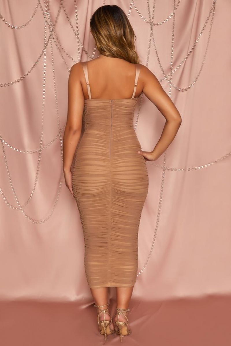 Oh Polly Fit The Bill Ruched Mesh Bodycon Midaxi Dress Midaxi Dress Tan | ZTKR-28716