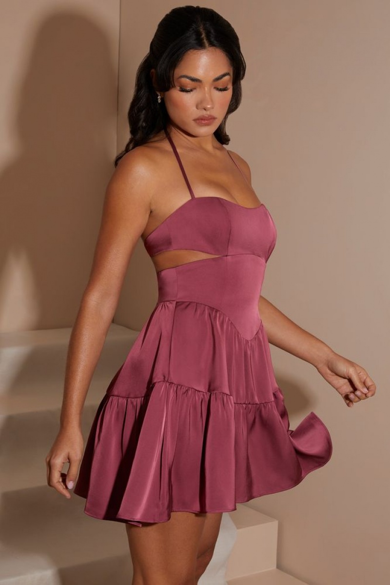 Oh Polly Fleur Halter Neck Cut Out Mini Dress Mini Dress Dark Mauve | OIUX-12804