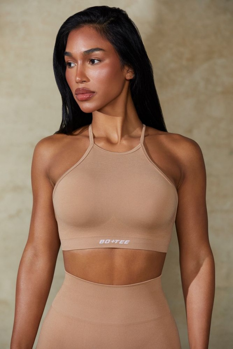 Oh Polly Flex High Neck Open Back Define Luxe Sports Bra Sports Bras Warm Taupe | OFWE-72860