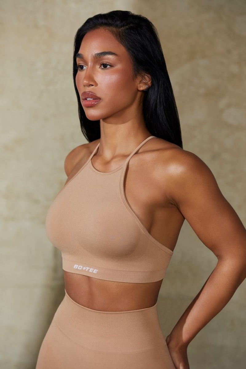 Oh Polly Flex High Neck Open Back Define Luxe Sports Bra Sports Bras Warm Taupe | OFWE-72860