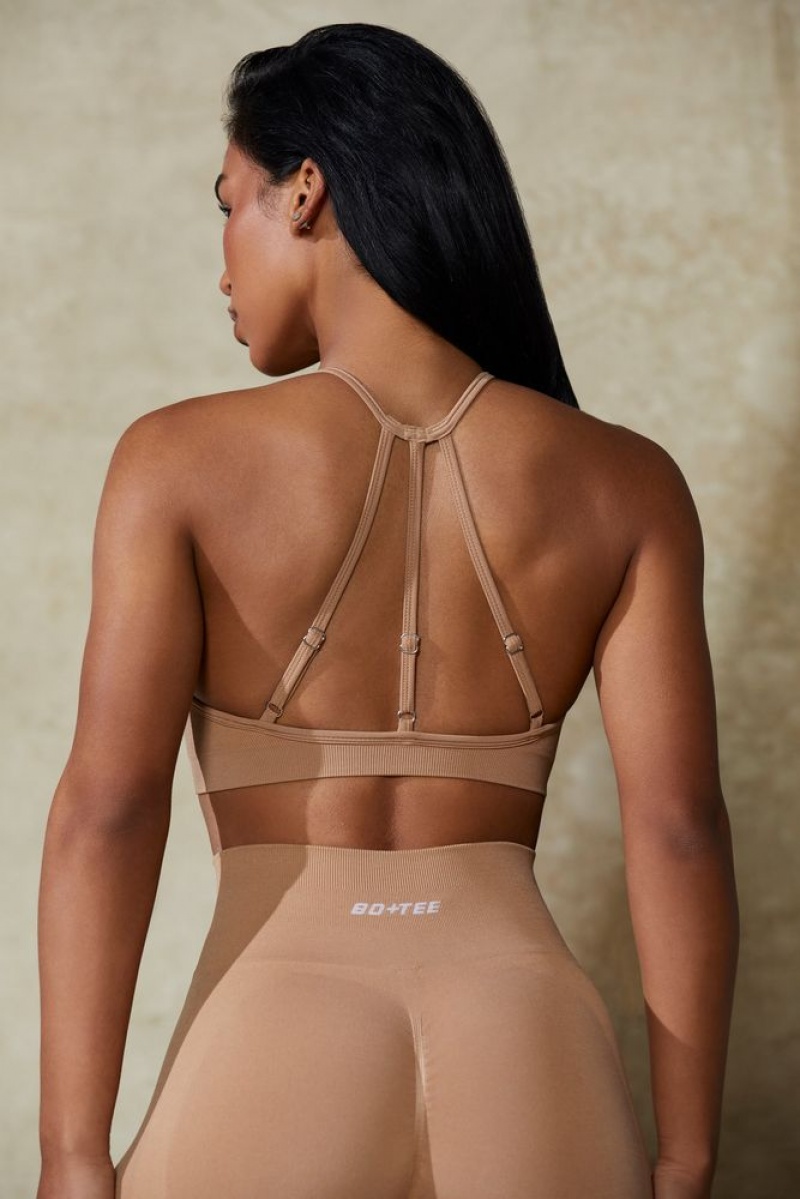 Oh Polly Flex High Neck Open Back Define Luxe Sports Bra Sports Bras Warm Taupe | OFWE-72860