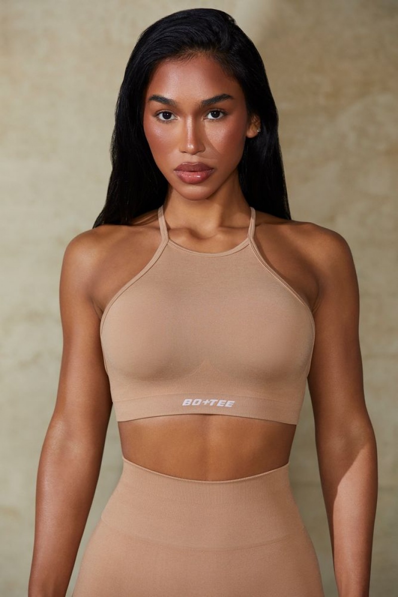 Oh Polly Flex High Neck Open Back Define Luxe Sports Bra Sports Bras Warm Taupe | OFWE-72860