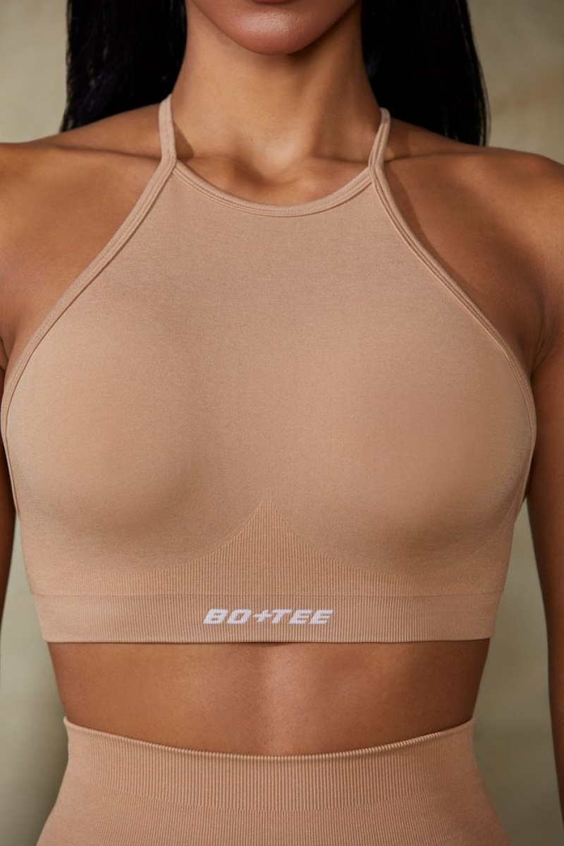 Oh Polly Flex High Neck Open Back Define Luxe Sports Bra Sports Bras Warm Taupe | OFWE-72860