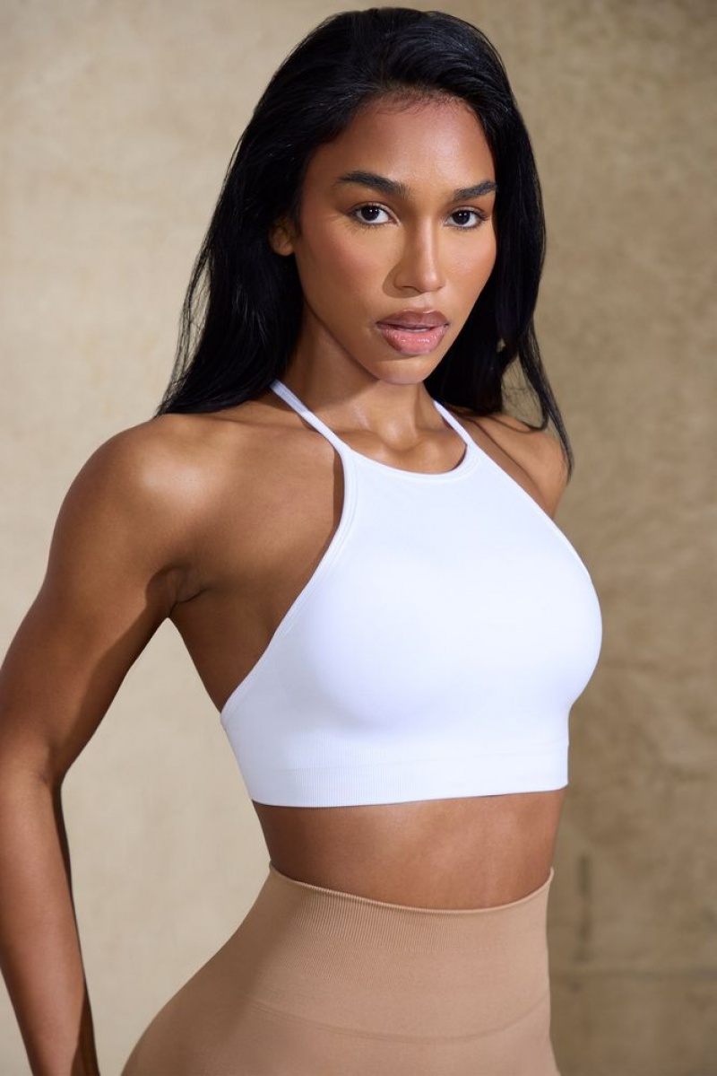 Oh Polly Flex High Neck Open Back Define Luxe Sports Bra Sports Bras White | BDMJ-51068