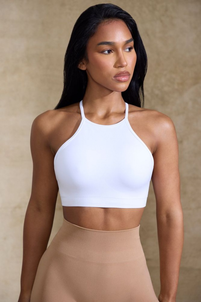 Oh Polly Flex High Neck Open Back Define Luxe Sports Bra Sports Bras White | BDMJ-51068