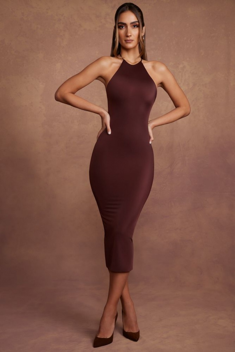 Oh Polly Florenza High Neck Backless Midaxi Dress Midaxi Dress Brown | FSBV-62405