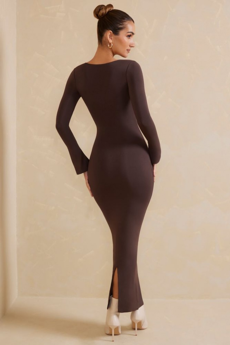 Oh Polly Gelisa Square Neck Long Sleeve Maxi Dress Maxi Dress Chocolate | MRYX-04692