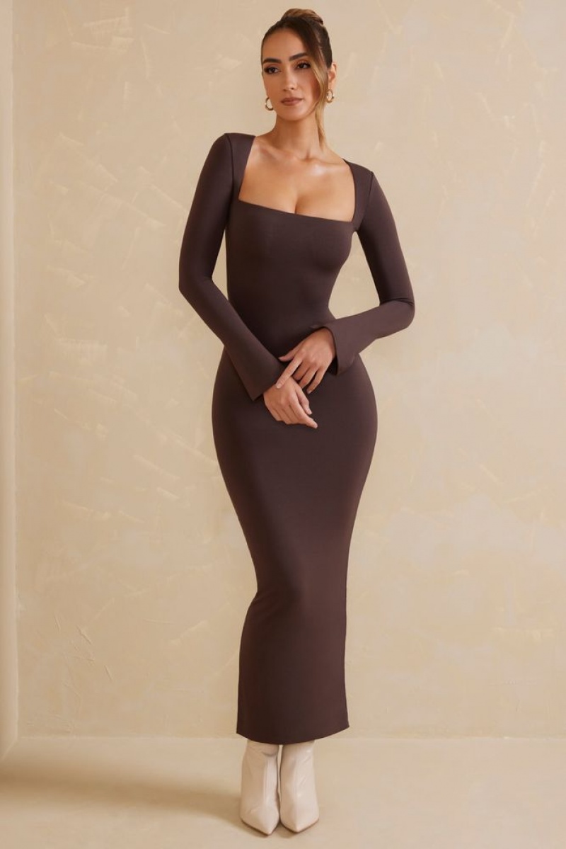 Oh Polly Gelisa Square Neck Long Sleeve Maxi Dress Maxi Dress Chocolate | MRYX-04692