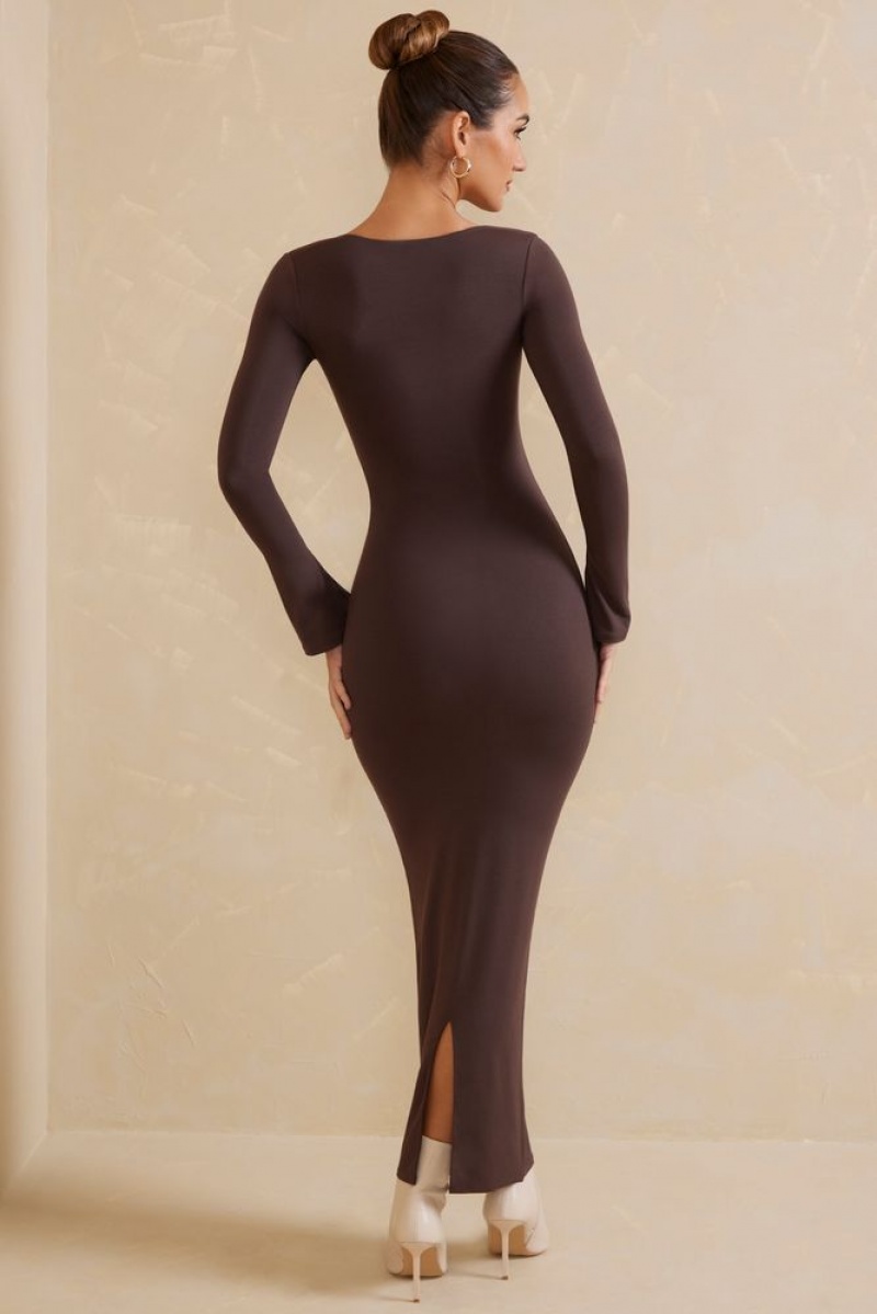 Oh Polly Gelisa Square Neck Long Sleeve Maxi Dress Maxi Dress Chocolate | MRYX-04692