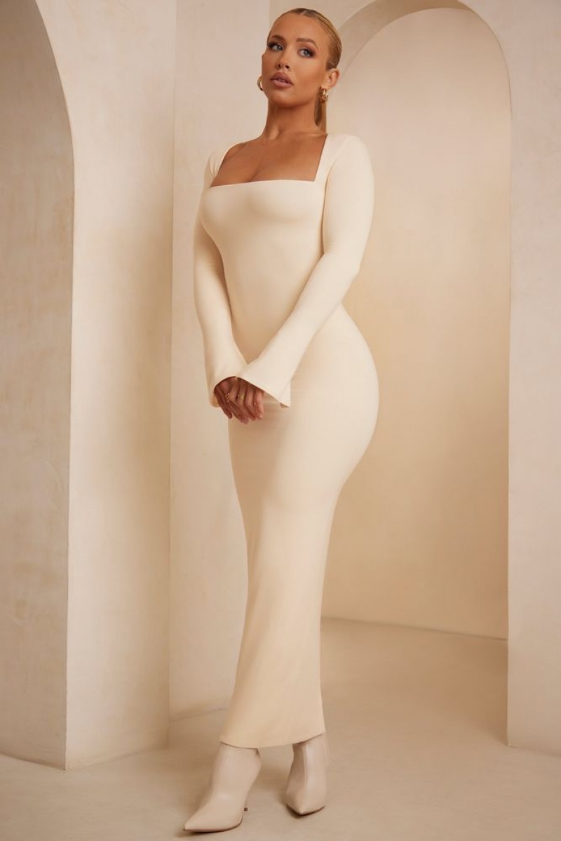 Oh Polly Gelisa Square Neck Long Sleeve Maxi Dress Maxi Dress Ivory | IMSL-47391