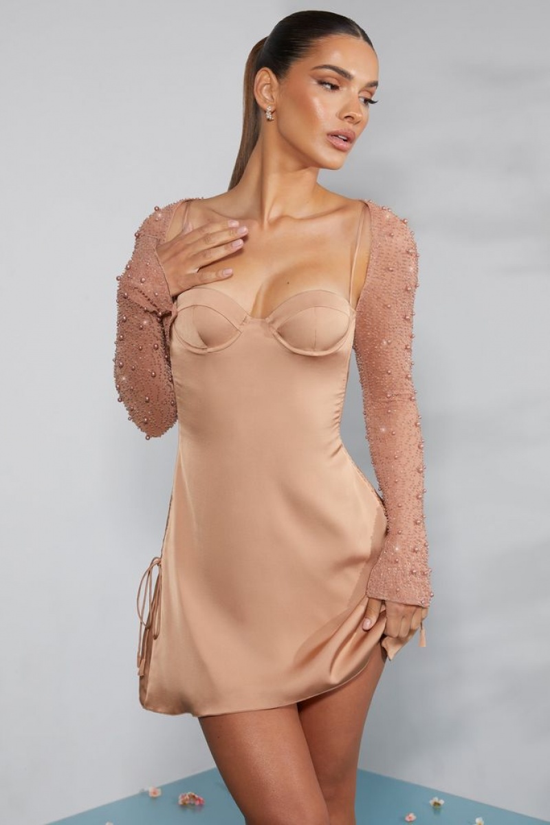 Oh Polly Geneva Long Sleeve Embellished A-line Mini Dress Mini Dress Beige | GMWA-73910