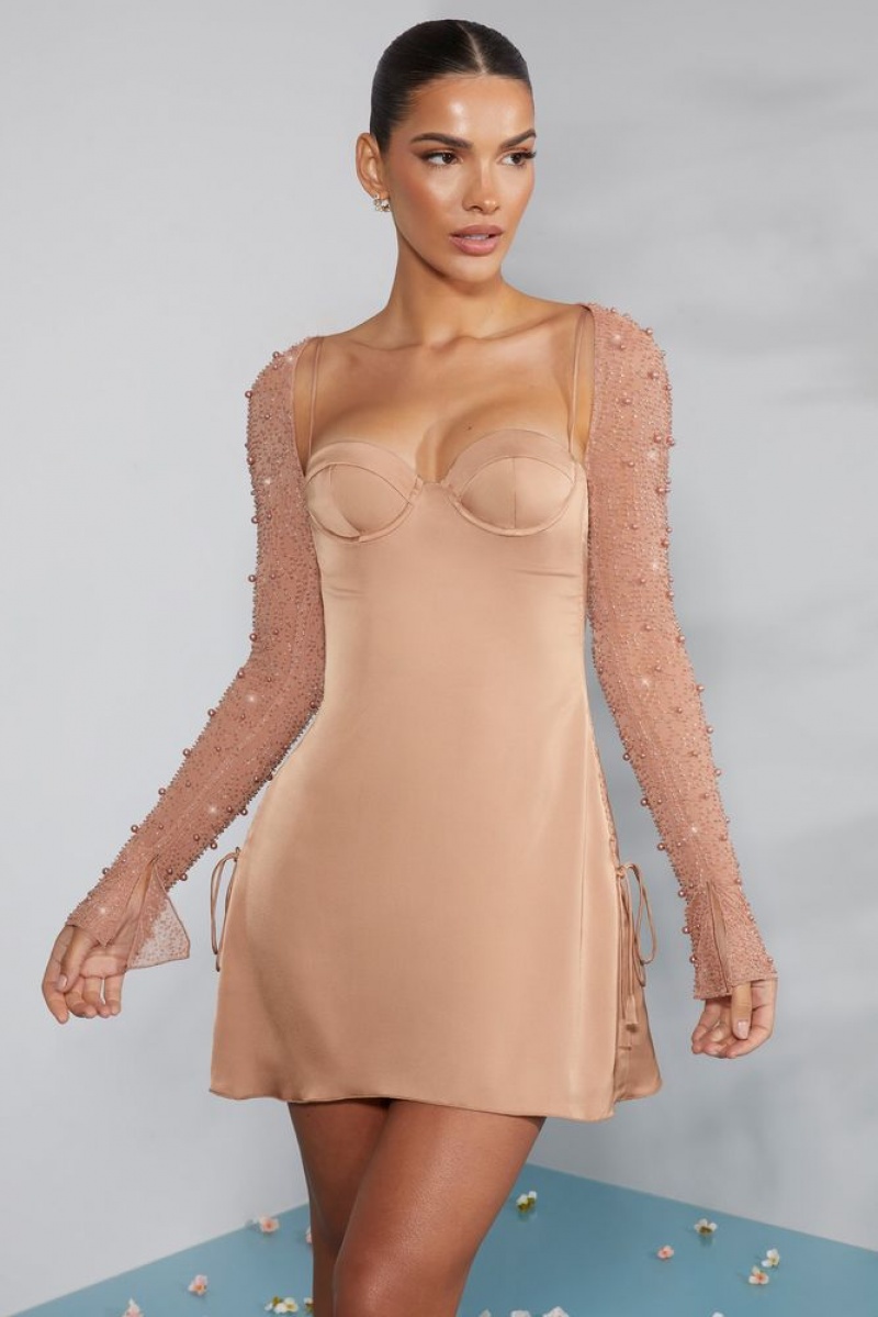 Oh Polly Geneva Long Sleeve Embellished A-line Mini Dress Mini Dress Beige | GMWA-73910