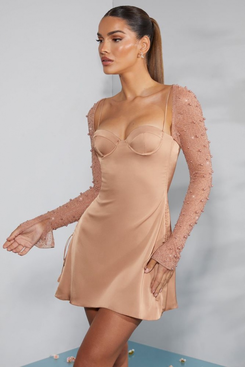 Oh Polly Geneva Long Sleeve Embellished A-line Mini Dress Mini Dress Beige | GMWA-73910