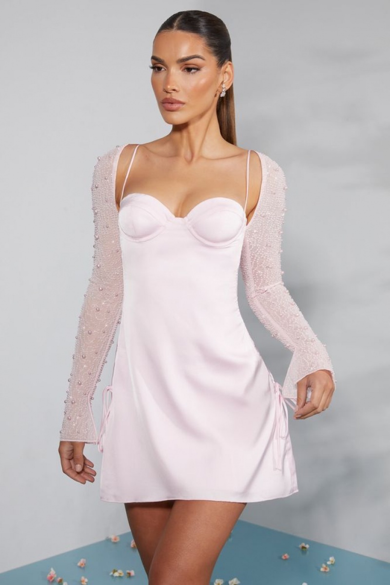 Oh Polly Geneva Long Sleeve Embellished A-line Mini Dress Mini Dress Blush | TWQK-87610