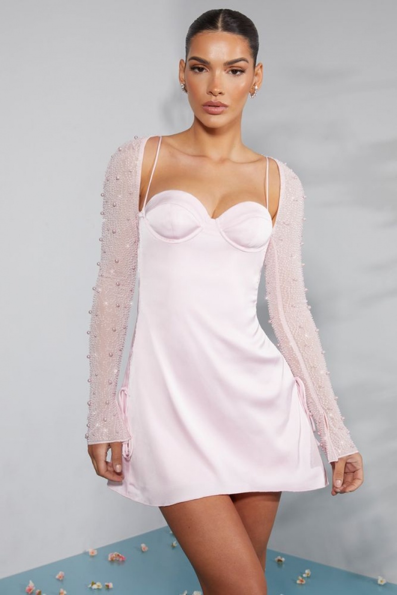 Oh Polly Geneva Long Sleeve Embellished A-line Mini Dress Mini Dress Blush | TWQK-87610