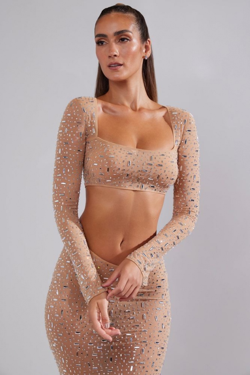 Oh Polly Giulia Sheer Embellished Long Sleeve Square Neck Crop Top Womens Tops Almond | LCVG-74038