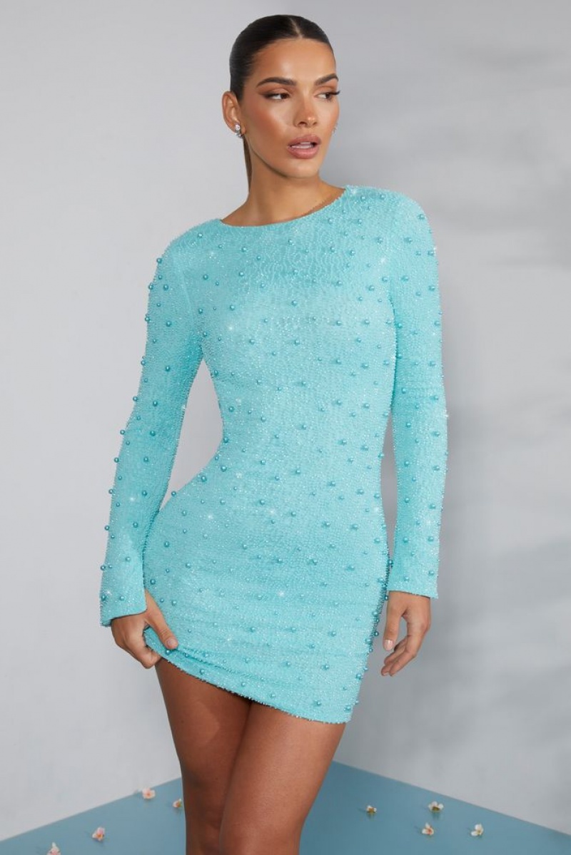 Oh Polly Hague Long Sleeve Embellished Backless Mini Dress Mini Dress Aqua | MSHT-82917