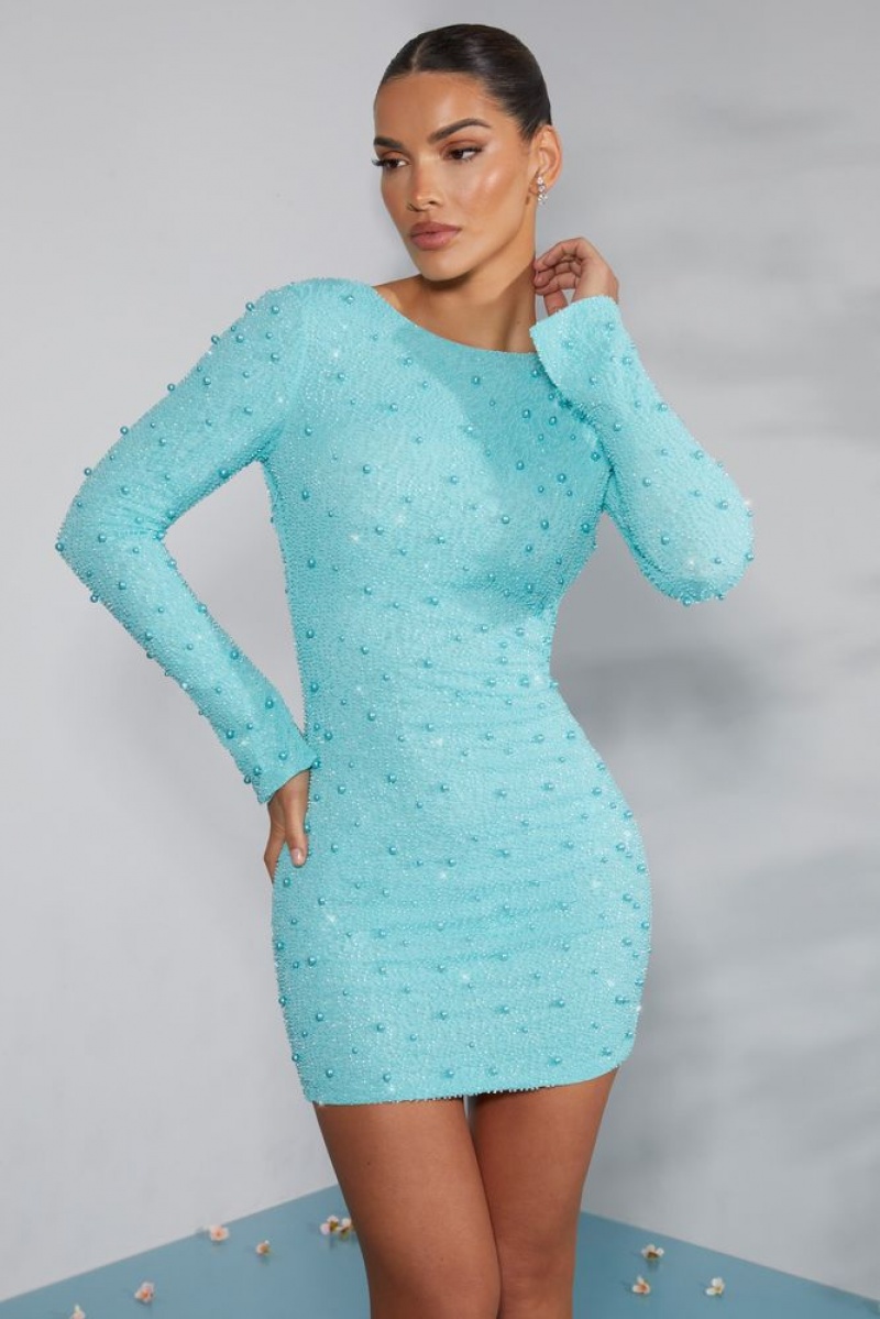 Oh Polly Hague Long Sleeve Embellished Backless Mini Dress Mini Dress Aqua | MSHT-82917