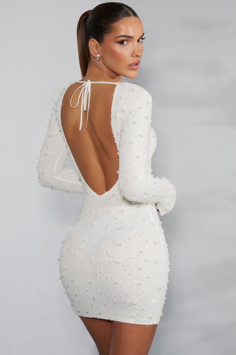 Oh Polly Hague Long Sleeve Embellished Backless Mini Dress Mini Dress Ivory | SLYB-85706