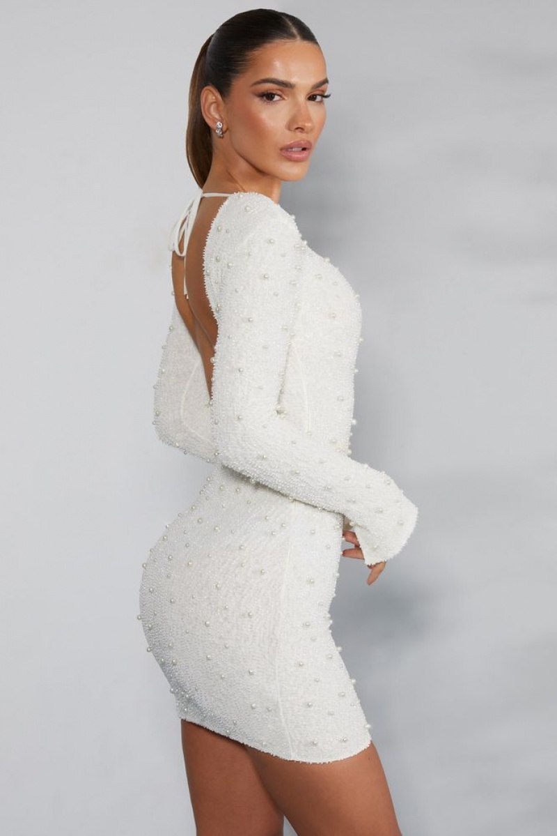 Oh Polly Hague Long Sleeve Embellished Backless Mini Dress Mini Dress Ivory | SLYB-85706