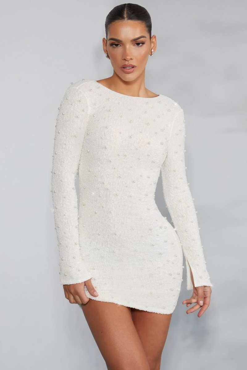 Oh Polly Hague Long Sleeve Embellished Backless Mini Dress Mini Dress Ivory | SLYB-85706