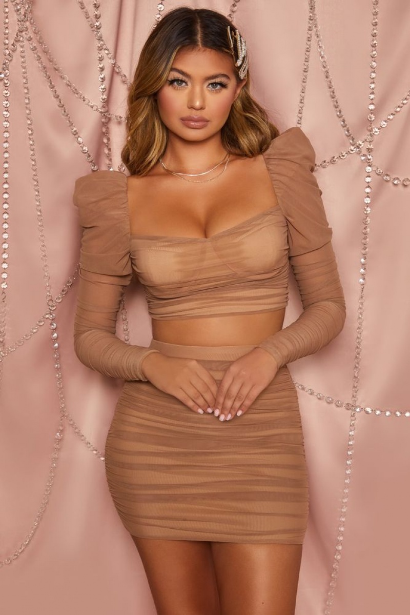 Oh Polly Heaven Sent Ruched Mesh Puff Sleeve Crop Top Bo+Tee Tops Tan | CYWJ-84975